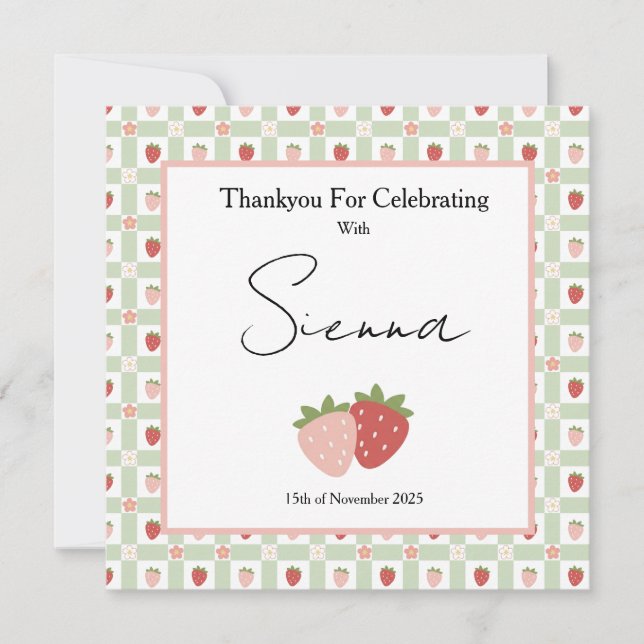Berry First Birthday Customisable Gingham Print  Thank You Card (Front)