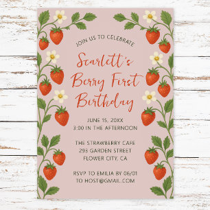 Berry First Birthday Cute Strawberry Floral Pink Invitation