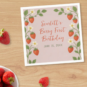 Berry First Birthday Cute Strawberry Floral Pink Napkin