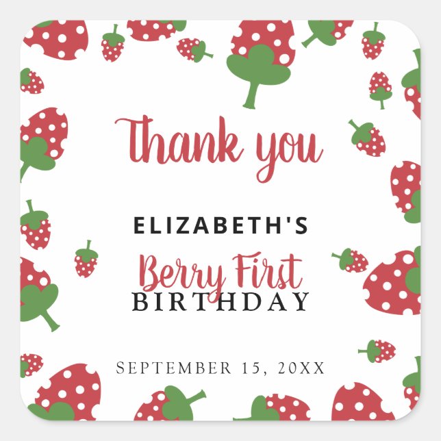 Berry First Birthday Cute Strawberry Girl Custom  Square Sticker (Front)