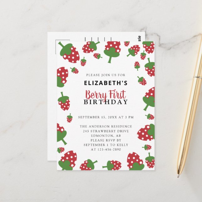 Berry First Birthday Cute Strawberry Kawaii Girl  Postcard (Front/Back In Situ)