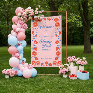 Berry First Birthday Floral Strawberry Welcome Banner