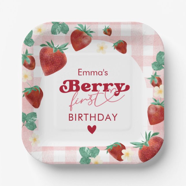 Berry First Birthday Girl 1st Birthday Strawberry Paper Plate (Front)