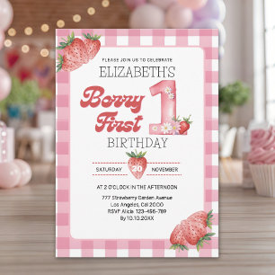 "Berry First Birthday Girl with Strawberry Theme Invitation