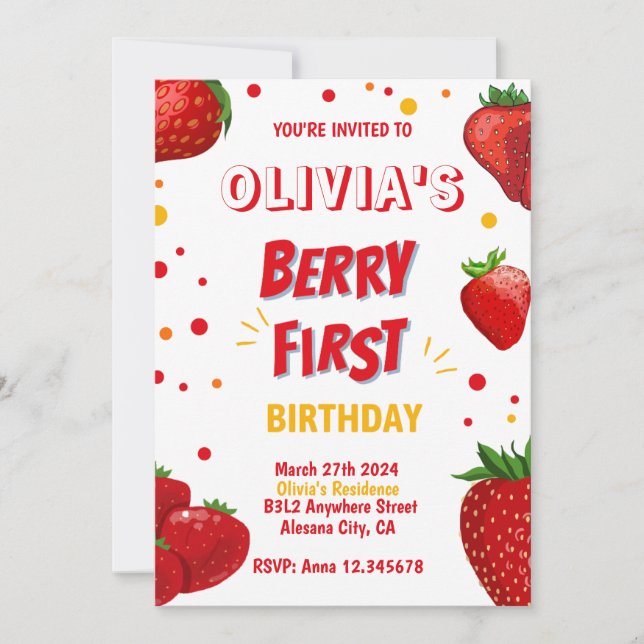 Berry First Birthday Invitation Fête des fraises (Devant)
