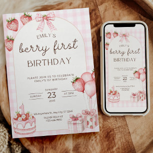 Berry First Birthday Invitation Pink Gingham