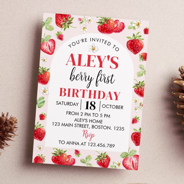 Berry First Birthday Invitation Strawberry Theme (Creator Uploaded)
