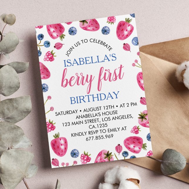 Berry First Birthday Invitation Strawberry Theme (Creator Uploaded)