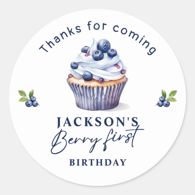 Berry First Birthday Party Blueberry Thank You Classic Round Sticker (Front)