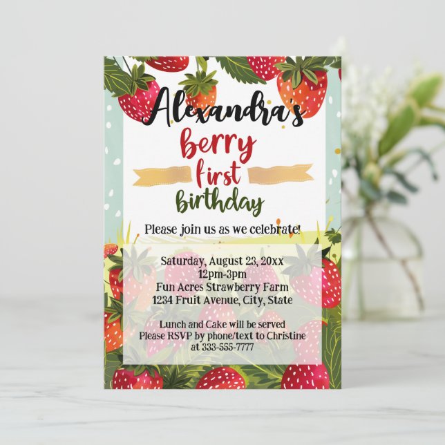 Berry First Birthday Party Girls Strawberry 1st  Invitation (Standing Front)
