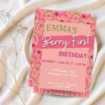 Berry First Birthday Party Invitation, Strawberry
