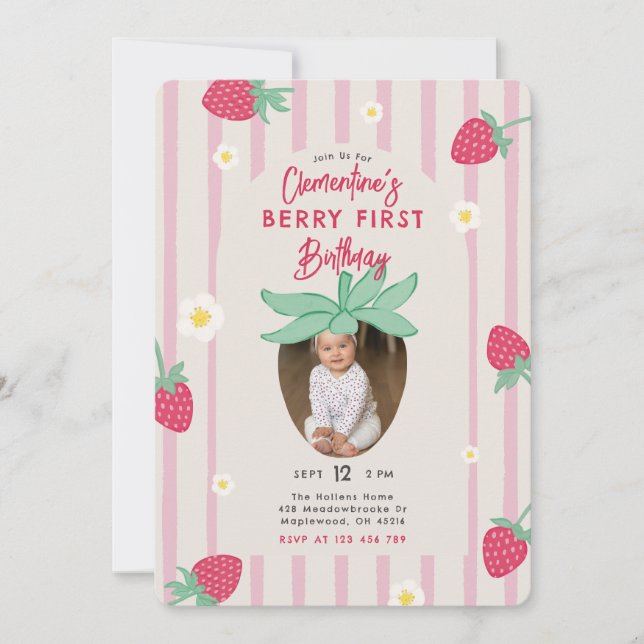 Berry First Birthday Party Invitation with Photo (Devant)