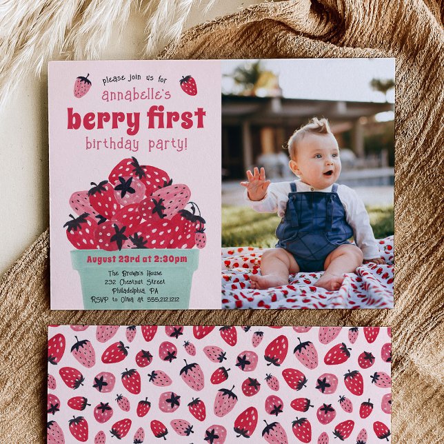 Berry First Birthday Party Photo Strawberry Invitation (Creator Uploaded)