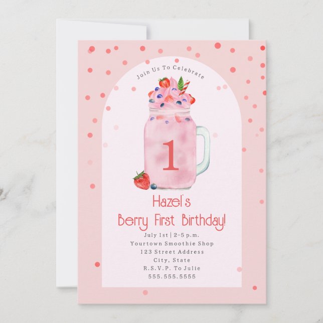 Berry First Birthday Party Smoothie Pink Invitation (Front)