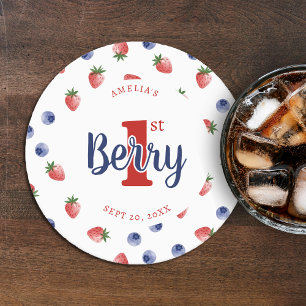 Berry First Birthday Party Strawberry & Blueberry Round Paper Coaster