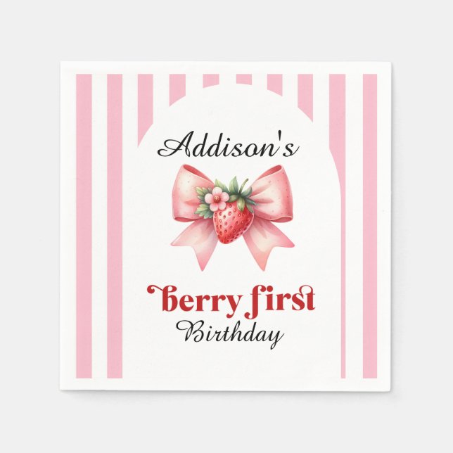 Berry First Birthday Party Strawberry  Coquette  Napkin (Front)