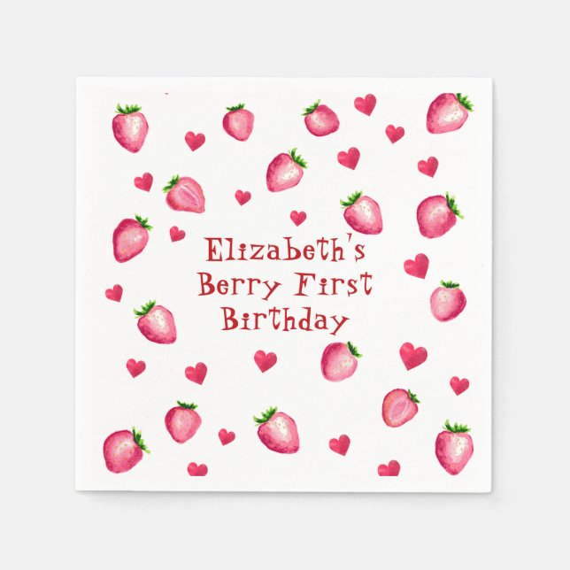 Berry First Birthday Party Strawberry Hearts  Napkin (Front)