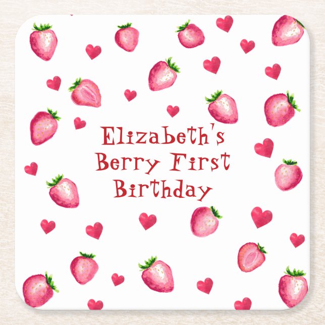 Berry First Birthday Party Strawberry Hearts  Square Paper Coaster (Front)