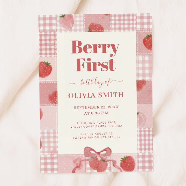 Berry First Birthday Pink Bow 1st Birthday Invitation (Creator Uploaded)
