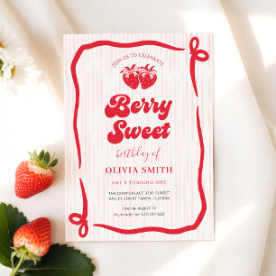 Berry First Birthday Pink Bow 1st Birthday Invitation
