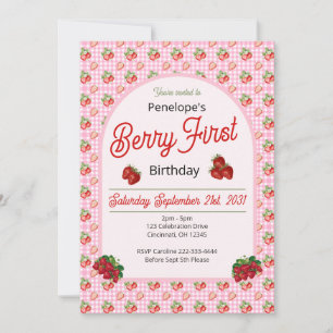 Berry First Birthday Pink Gingham Strawberry Photo Invitation