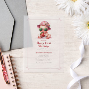 Berry First Birthday Pink Gingham Strawberry Vellum Invitations