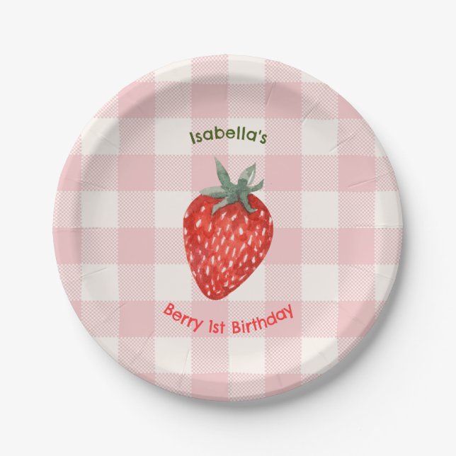 Berry First Birthday Pink & Plaid Paper Plates (Front)