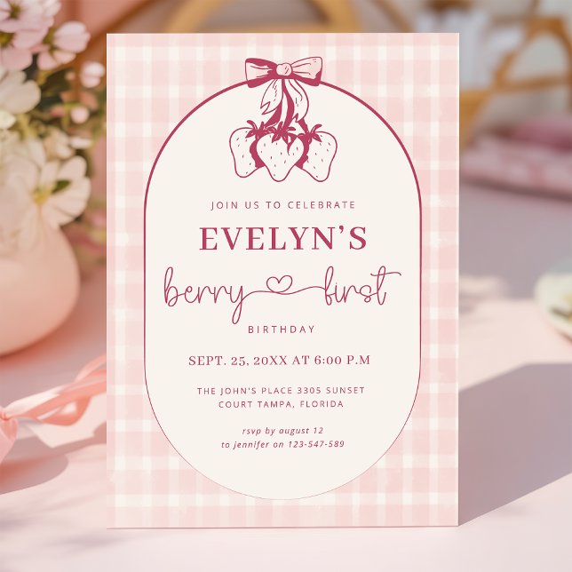 Berry First Birthday Pink Red Bow Strawberry Invitation (Creator Uploaded)