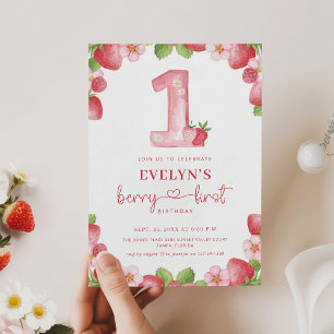 Berry First Birthday Pink Watercolor 1st Birthday Invitation