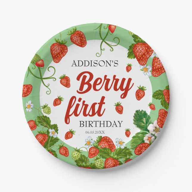 Berry First Birthday Strawberry 1st Birthday Paper Plate (Front)