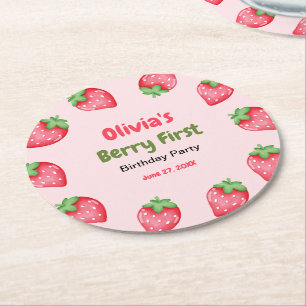 Berry First Birthday Strawberry 1st Birthday Round Paper Coaster
