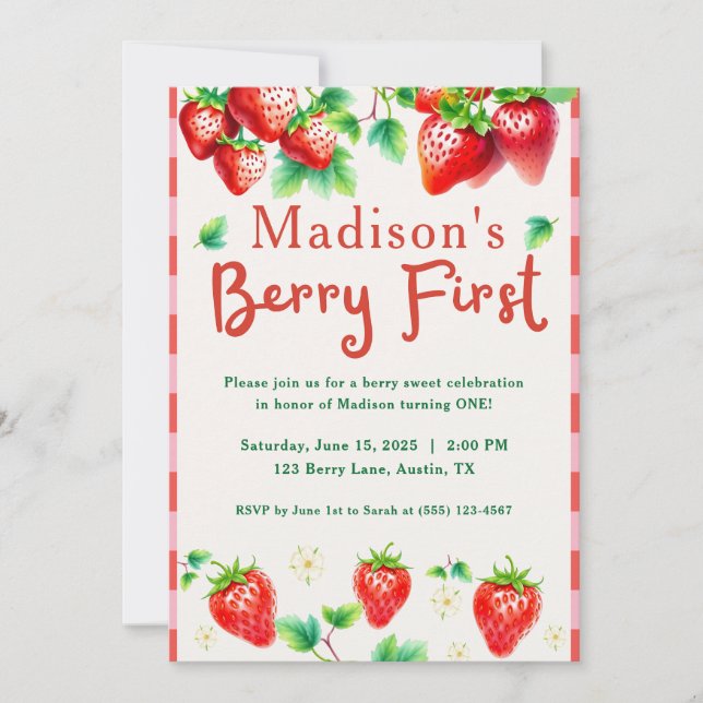 Berry First Birthday – Strawberry 1st Girl Party Invitation (Front)