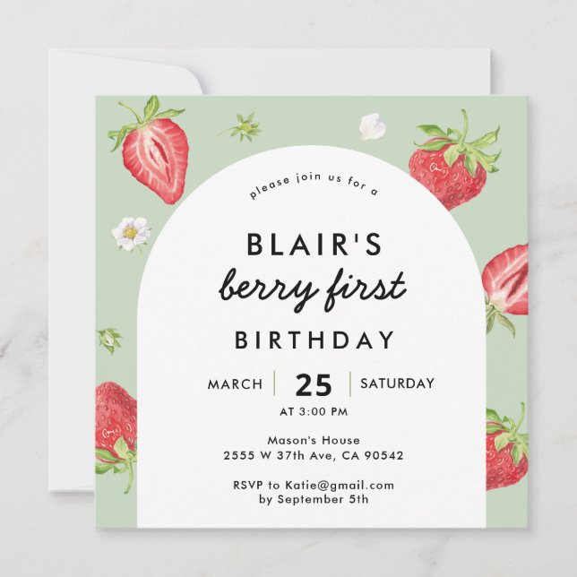 Berry First Birthday Strawberry Arch Square  Invitation (Front)