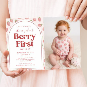 Berry First Birthday Strawberry Baby Girl Photo Invitation