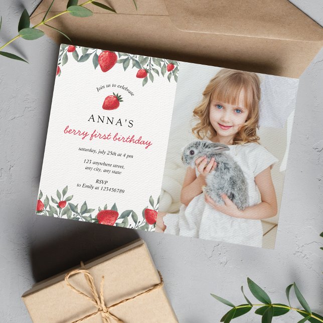 Berry First Birthday | Strawberry Birthday Photo  Invitation (Creator Uploaded)