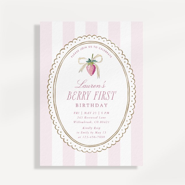 Berry First Birthday Strawberry Bow Pink Stripe  Invitation (Creator Uploaded)