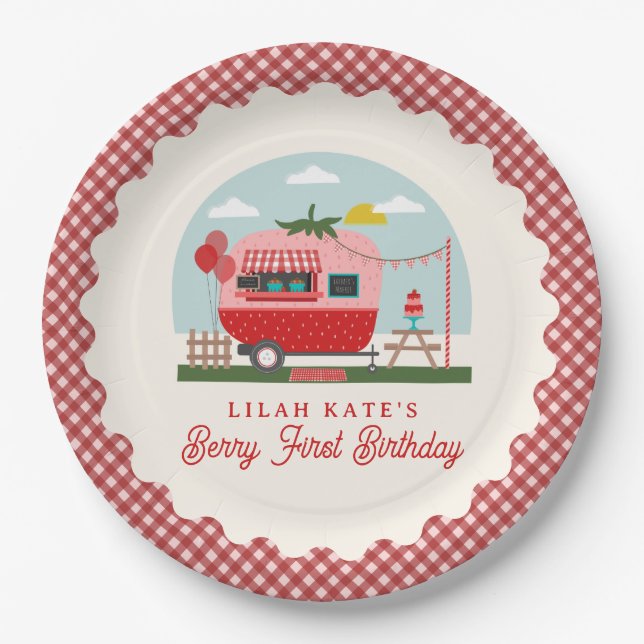Berry First Birthday Strawberry Camper Paper Plate (Front)