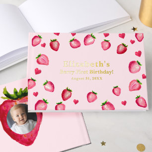 Berry First Birthday Strawberry Custom Photo Gold Guest Book