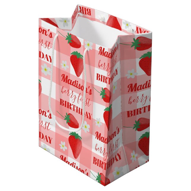 Berry First Birthday Strawberry First 1st Name Medium Gift Bag (Front Angled)