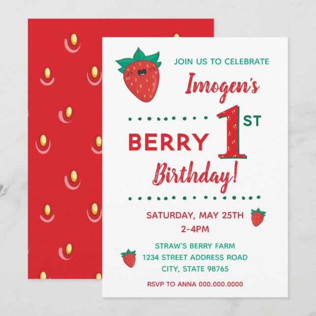 Berry First Birthday Strawberry Invitation (Front/Back)