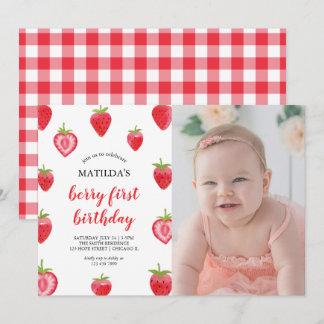 Berry First Birthday Strawberry Photo Invitation