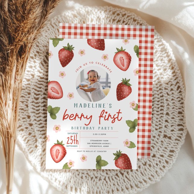 Berry First Birthday Strawberry Photo Invitation (Creator Uploaded)