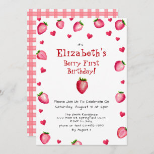 Berry First Birthday Strawberry Summer Gingham 1st Invitation