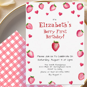 Berry First Birthday Strawberry Summer Gingham 1st Invitation