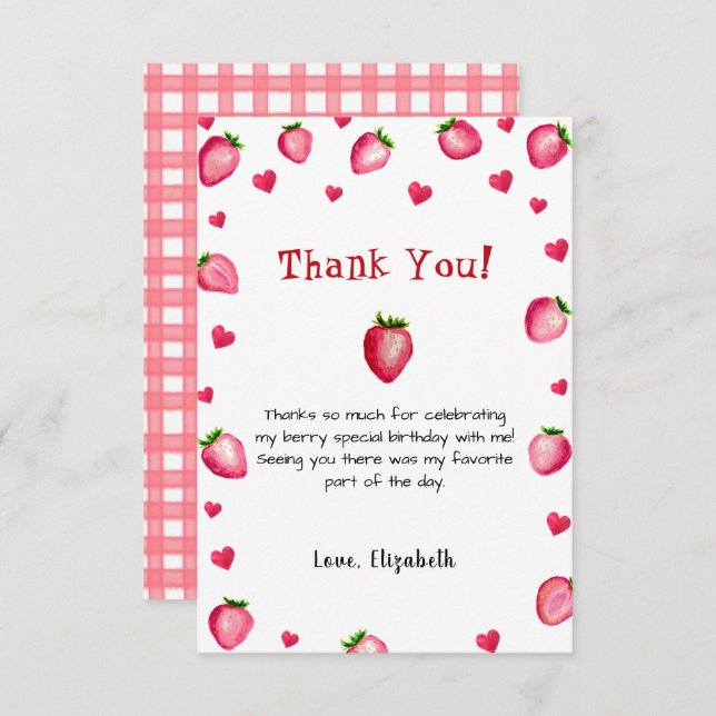 Berry First Birthday Strawberry Summer Gingham 1st Thank You Card (Front/Back)