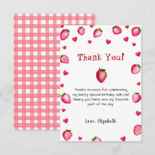Berry First Birthday Strawberry Summer Gingham 1st Thank You Card