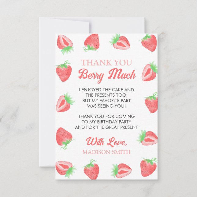 Berry First Birthday Strawberry Thank You Card (Front)