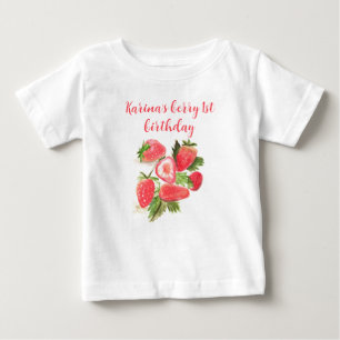 Berry First Birthday Strawberry Watercolor Girl Baby T-Shirt