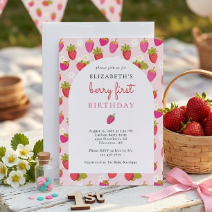 Berry First Birthday Sweet Strawberry Girl Cute Invitation
