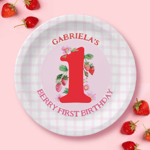 Berry First Birthday Watercolor Strawberries Paper Plate
